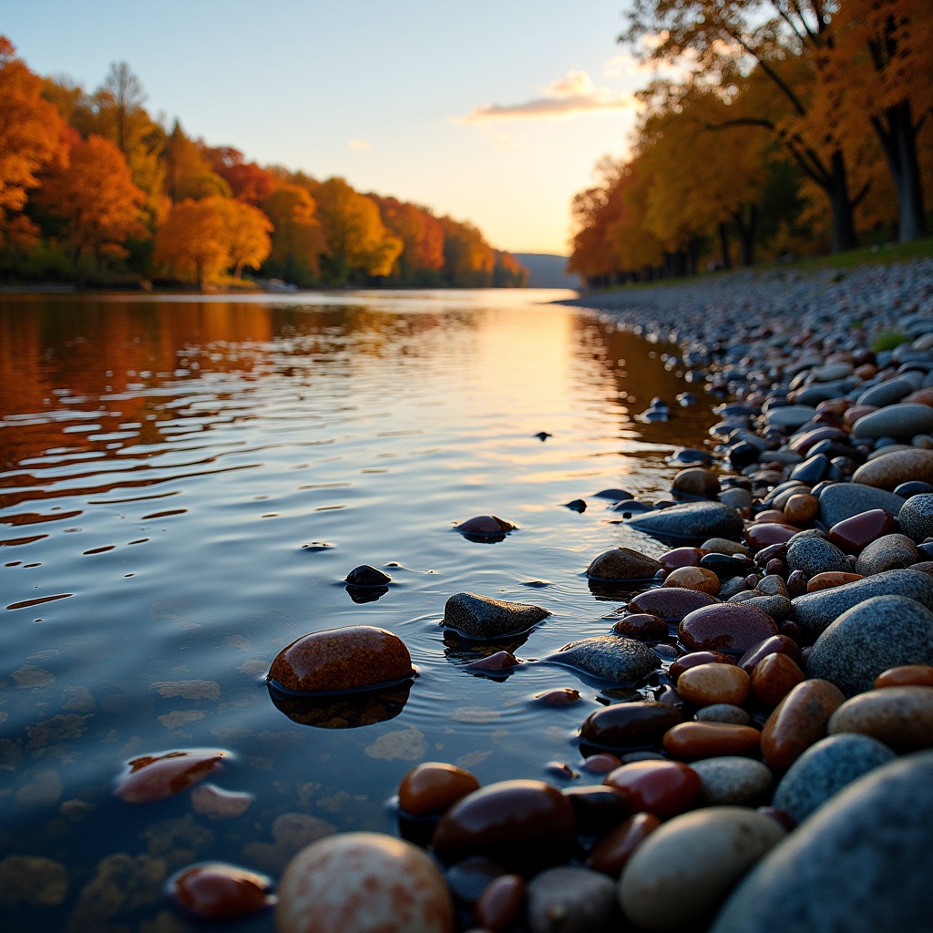 This image depicts a serene river scene during sunset. Smooth rocks are scattered along the water's edge, with colorful pebbles reflecting the warm hues of autumn foliage across the river. The calm water mirrors the vibrant colors of the trees, creating a peaceful atmosphere. Gentle ripples disturb the reflections, adding a dynamic element to the tranquil setting. This picturesque view invites the viewer to experience the beauty of nature in a calming moment.