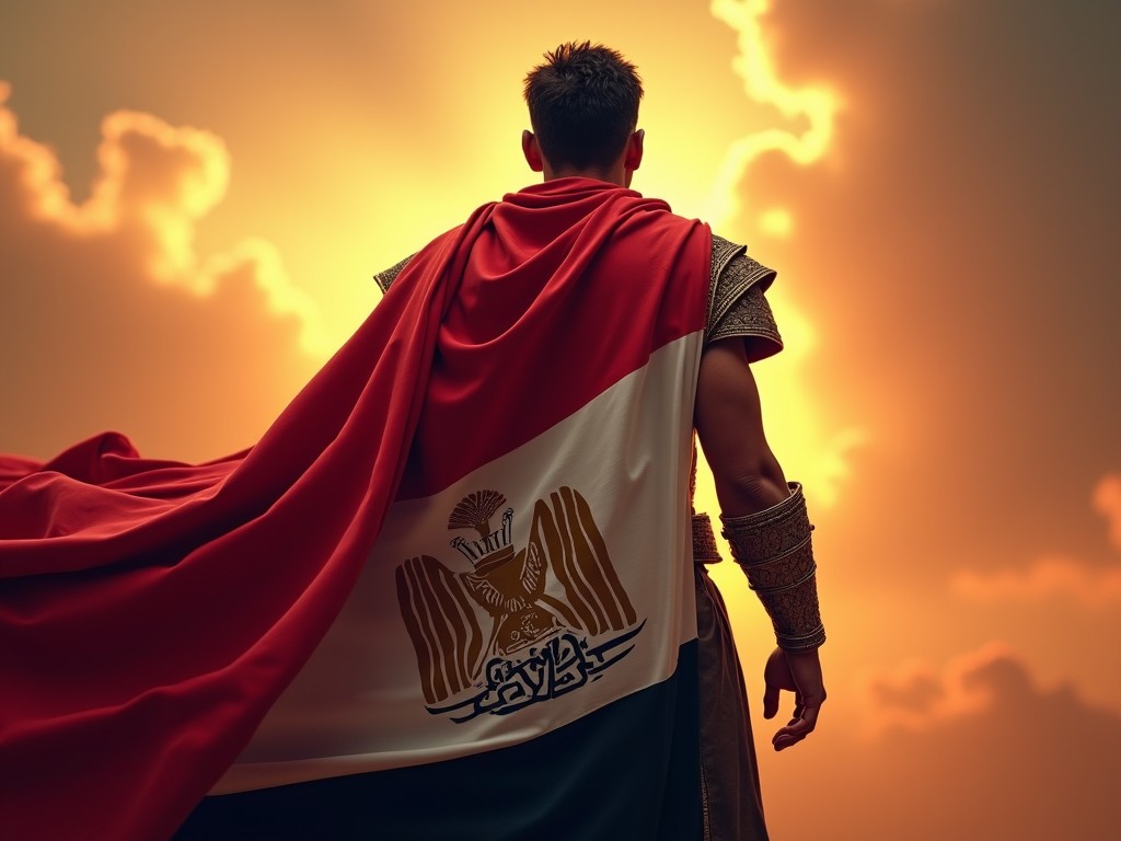 The image depicts a heroic figure standing against a dramatic sunset, with the flowing colors of the Egyptian flag artistically draped over them. The flag's vibrant red, white, and black, adorned with a golden eagle emblem, cascades beautifully, symbolizing national pride. The hero’s back is facing the viewer, creating an air of mystery as they gaze towards the horizon. In the background, the glowing sun casts a golden light, enhancing the scene's grandeur. Arabic text 'Aptal Online' is emblazoned on the flag, highlighting the cultural significance of the image.