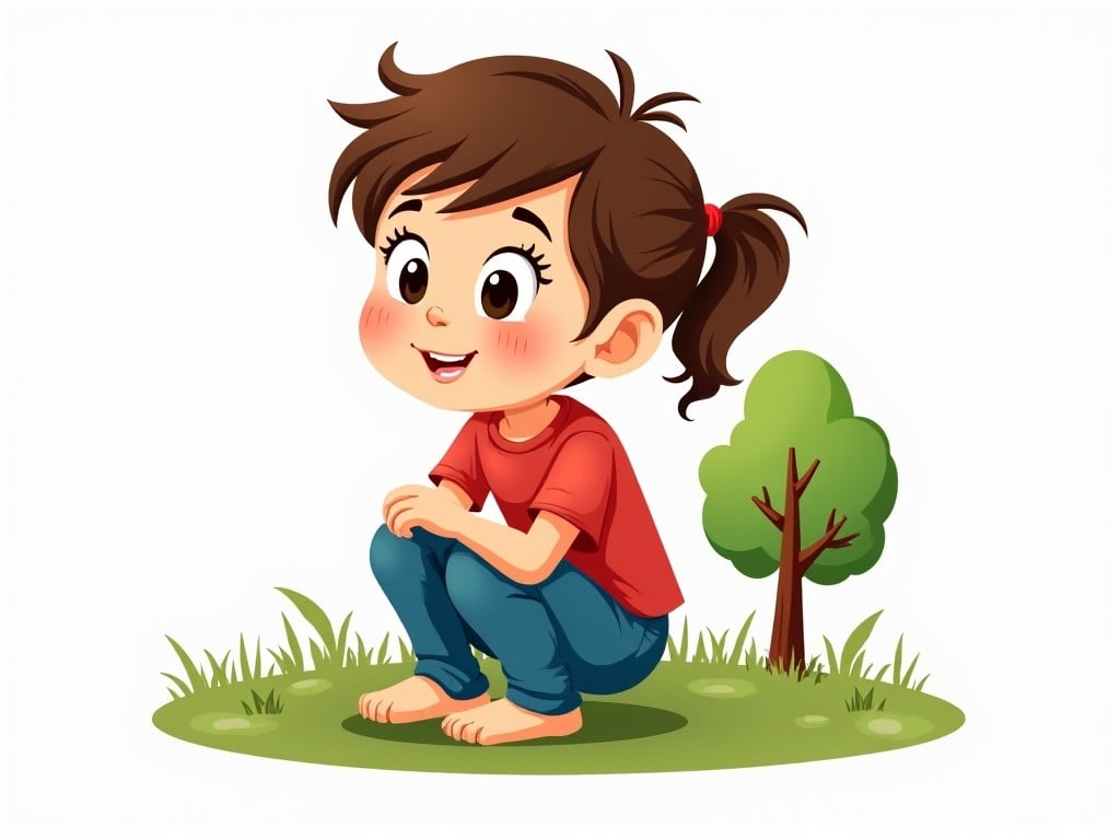 This image depicts a cheerful cartoon girl sitting on the ground with a playful expression. She has brown hair styled in a ponytail, wearing a bright red shirt and blue jeans. The background shows green grass and a small tree. The overall vibe is joyful and innocent, making it suitable for children's content. The girl appears to be enjoying her surroundings and is barefoot, which adds to the casual, playful atmosphere.