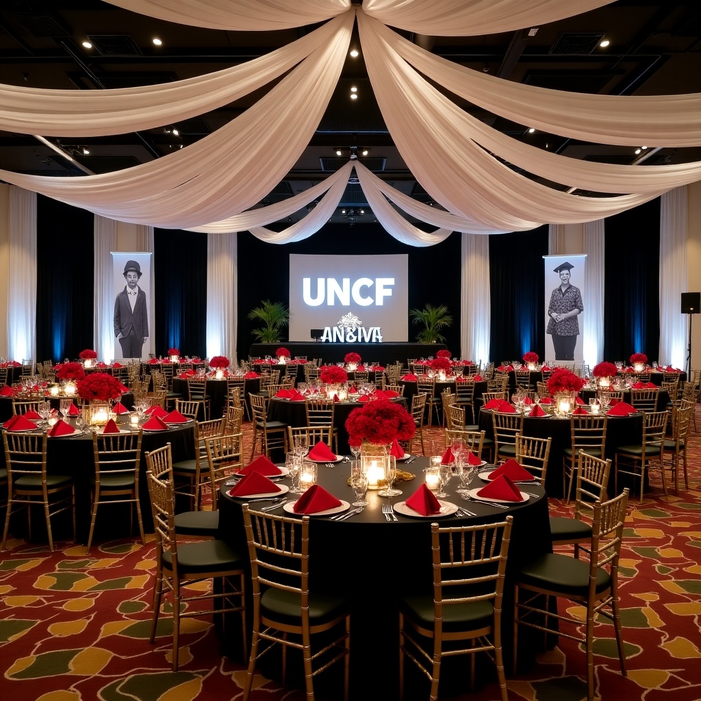 This image depicts an elegant banquet room designed for a UNCF fundraising event. The room features 50 round tables adorned with black linens, red napkins, and vibrant red rose centerpieces. Gold chiavari chairs surround each table, adding a touch of sophistication. Black and white photographs of African American graduates are displayed on the curtains, honoring their achievements. A stage occupies the front of the room with large illuminated UNCF letters that stand 5 feet high. The ceiling is draped with soft fabric, creating an inviting atmosphere.