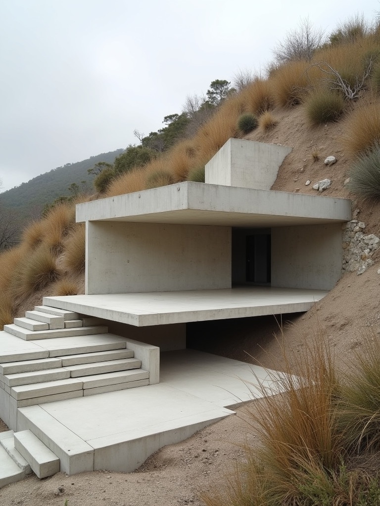 A minimalist sanctuary features overlapping concrete slabs. Multi-tiered platform sits in a hillside. The concrete blends with the landscape. Structure appears as a natural extension of the earth.