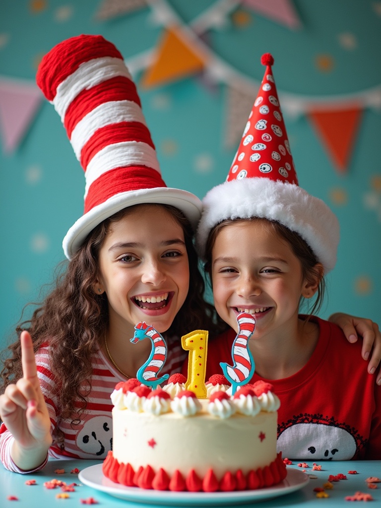 Friends celebrate a birthday. Two children wear Dr. Seuss inspired hats. A colorful cake with candles placed on the table. Bright decorations in the background create a festive atmosphere.