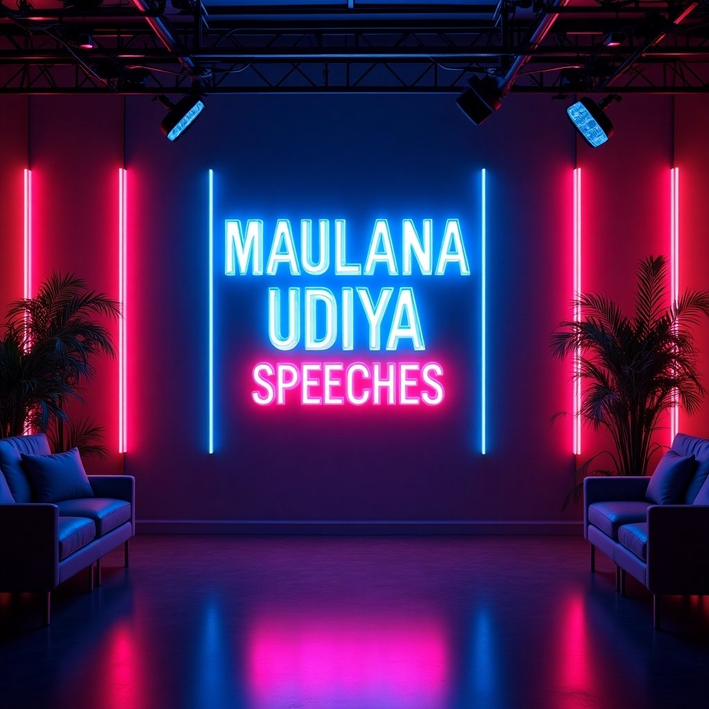 YouTube studio background features neon lights. Center shows 'MAULANA UDIYA SPEECHES' in bright blue and pink. Surroundings have stylish lighting and decor. The ambiance feels professional and modern.