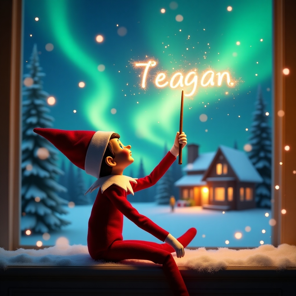 An elf on the shelf gazes skyward while sitting playfully. The elf holds a glowing wand that produces sparkling light. A colorful northern lights display is in the background. A cozy holiday-themed house is visible in the distance. Snow blankets the ground, creating a winter atmosphere. The elf embodies the essence of Christmas magic. The name 'Teagan' is written in the air with the wand, contributing to the holiday spirit.