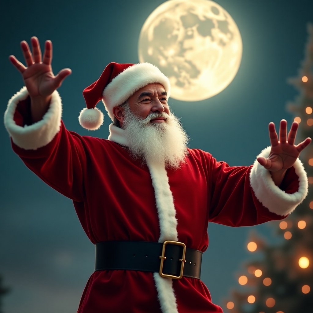 Cinematic image showcases Santa Claus. Santa performs Tai Chi Chuan movements gracefully. The scene is illuminated by a bright moon during the magic hour. Hyper-realistic style shot on Arriflex.