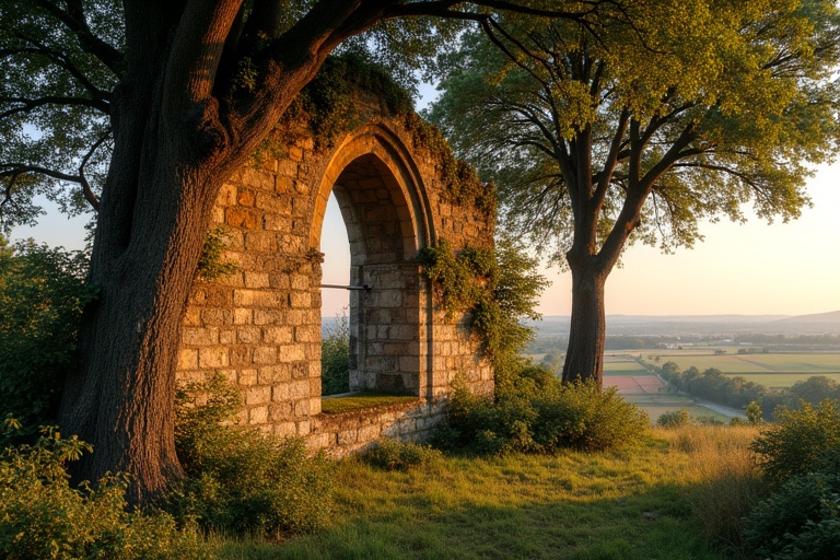 Ancient ruined wall with double arched window. Flanked by large box trees. Overgrown with wild vines and moss. Missing stones visible. Evening light casts warm glow. Field visible in background. Little vegetation on ground.