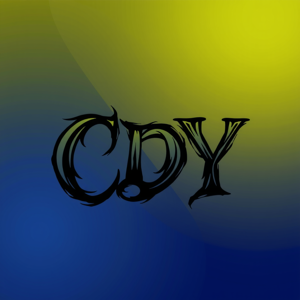 This image features the word 'CDY' written in a stylized, bold script with an edgy, Gothic feel. The letters are black with intricate, sharp lines adding a dynamic, almost textured appearance. The background is a gradient transitioning from deep blue at the bottom left to a bright yellow at the top right, creating a striking contrast with the dark text. The overall aesthetic is both modern and somewhat mysterious, with the color gradient adding depth and intensity to the image.