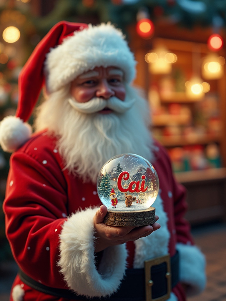 Christmas scene features Santa Claus in a red and white suit holding a snow globe. Snow globe displays the name 'Cai'. Background shows a toy shop adorned with festive decorations and glowing lights.