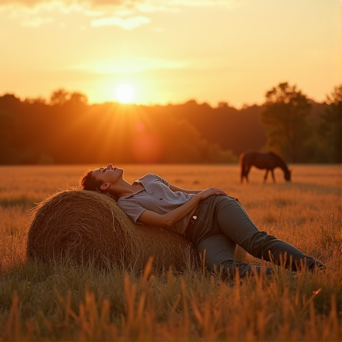 A person reclines against a hay bale in a field during sunset, with a horse grazing nearby.