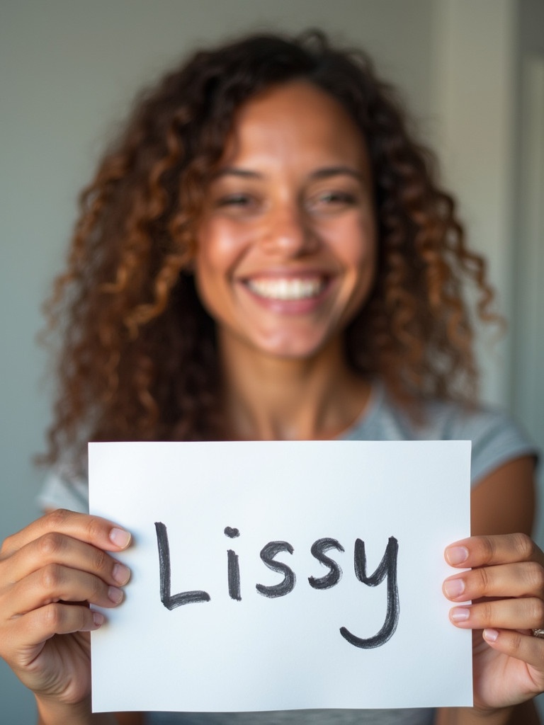 A smiling person holds a piece of paper with a handwritten name 'Lissy'. The person has a joyful expression. Right arm and hand are fully visible.