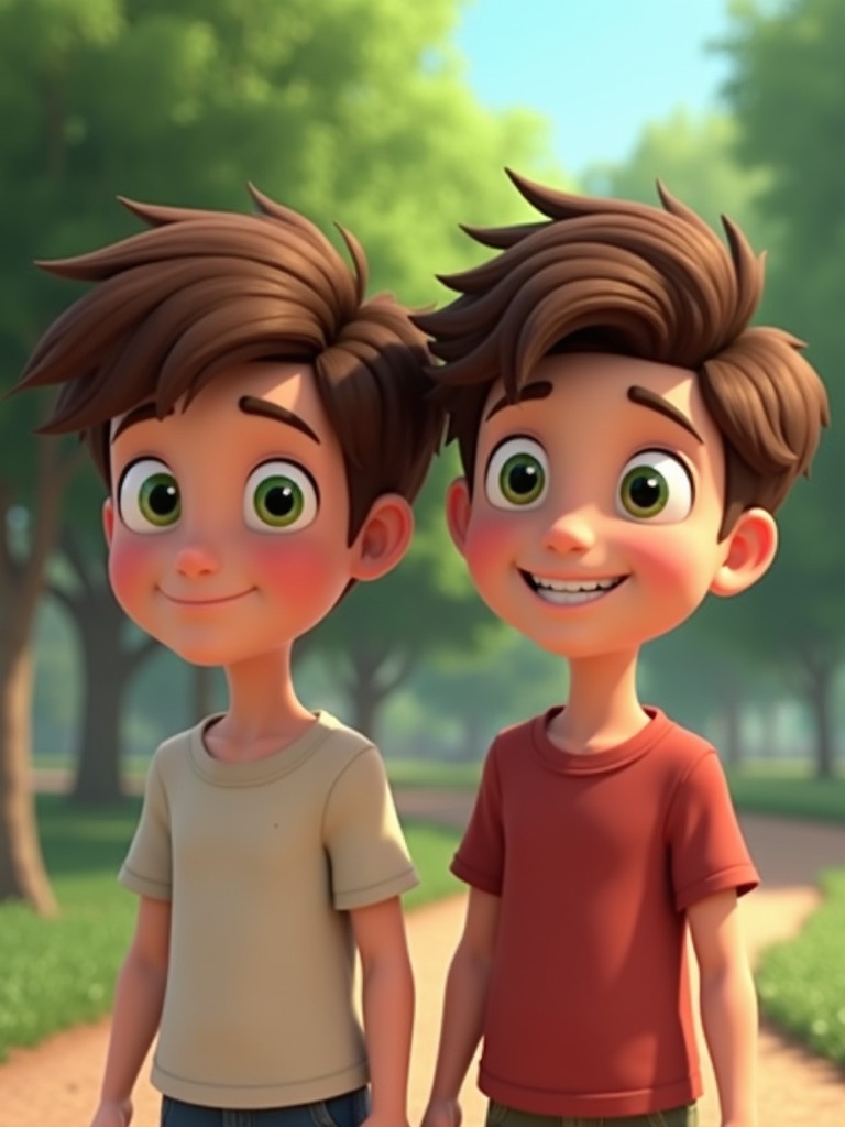 Two animated twin brothers stand side by side. Both have brown hair and green eyes. They are smiling. Background features a park setting with trees and a pathway.