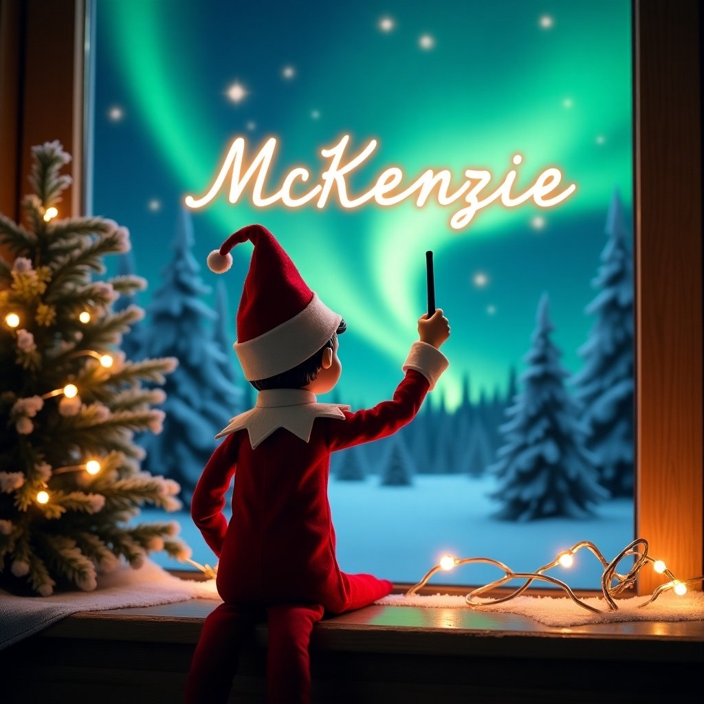 An enchanting Christmas scene featuring an elf on the shelf, who is facing the sky with his back to the viewer. The elf, dressed in red and white, wields a magic wand, writing 'McKenzie' on a glowing script above him. The backdrop is adorned with vibrant northern lights, adding a magical ambiance. The scene is festive, portraying the spirit of Christmas with a whimsical twist. The elf's position and action create a sense of wonder and excitement that captures the joy of the holiday season.