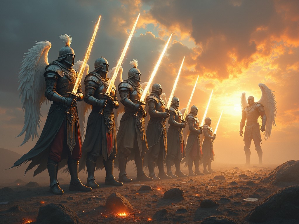 The image portrays a dramatic scene of angelic knights clad in ornate armor standing against a golden sky. Each figure is equipped with luminous swords, and feathered wings are prominently showcased. The setting suggests a celestial battleground, with the orange and yellow hues of a setting sun casting a warm glow over the scene, enhancing the ethereal and majestic atmosphere.