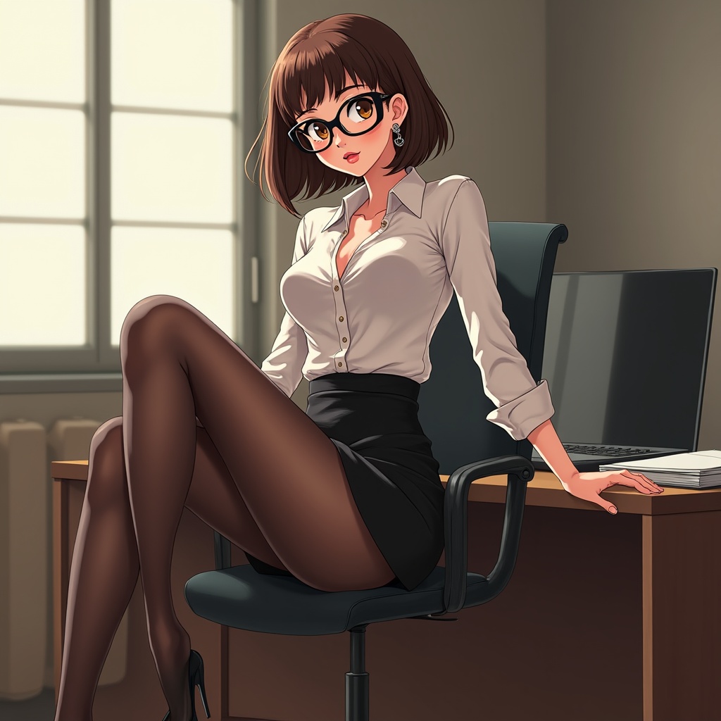 This illustration features a young woman with glasses sitting on an office chair, exuding confidence and professionalism. She is dressed in a white blouse and a black skirt, complemented by sheer dark stockings and heels, set against the backdrop of a modern office with a laptop on the desk. The atmosphere is clean and well-lit, emphasizing a contemporary workplace environment.