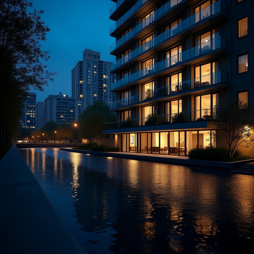 Condo building at night with illuminated windows and a water reflection in the foreground. Side view captures urban architecture in a serene setting.