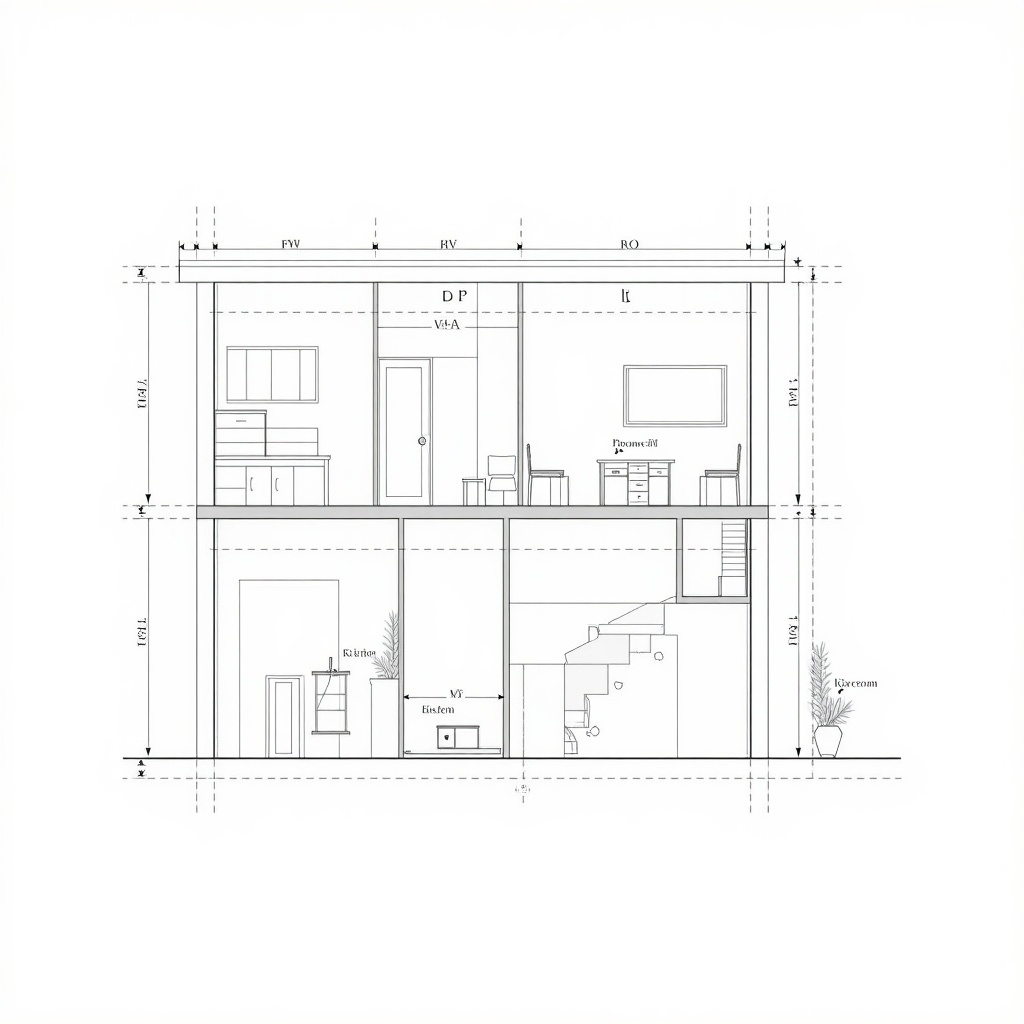 This image is an architectural section plan depicting a detailed view of a two-story building. It shows the layout of various rooms, including a kitchen, a hall, and a WC. The plan contains specific measurements and annotations to indicate different dimensions and structural components. Windows and doors are clearly marked, allowing for easy identification of their placement. The staircase is also highlighted, connecting the two floors, along with some interior furnishings such as tables and cabinets.