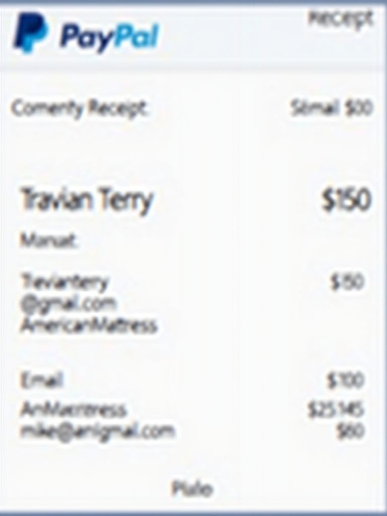 Representation of a PayPal receipt indicating a money transfer. Transaction involves Travian Terry transferring $150 to American Mattress. Receivable emails provided clearly. PayPal branding is present.