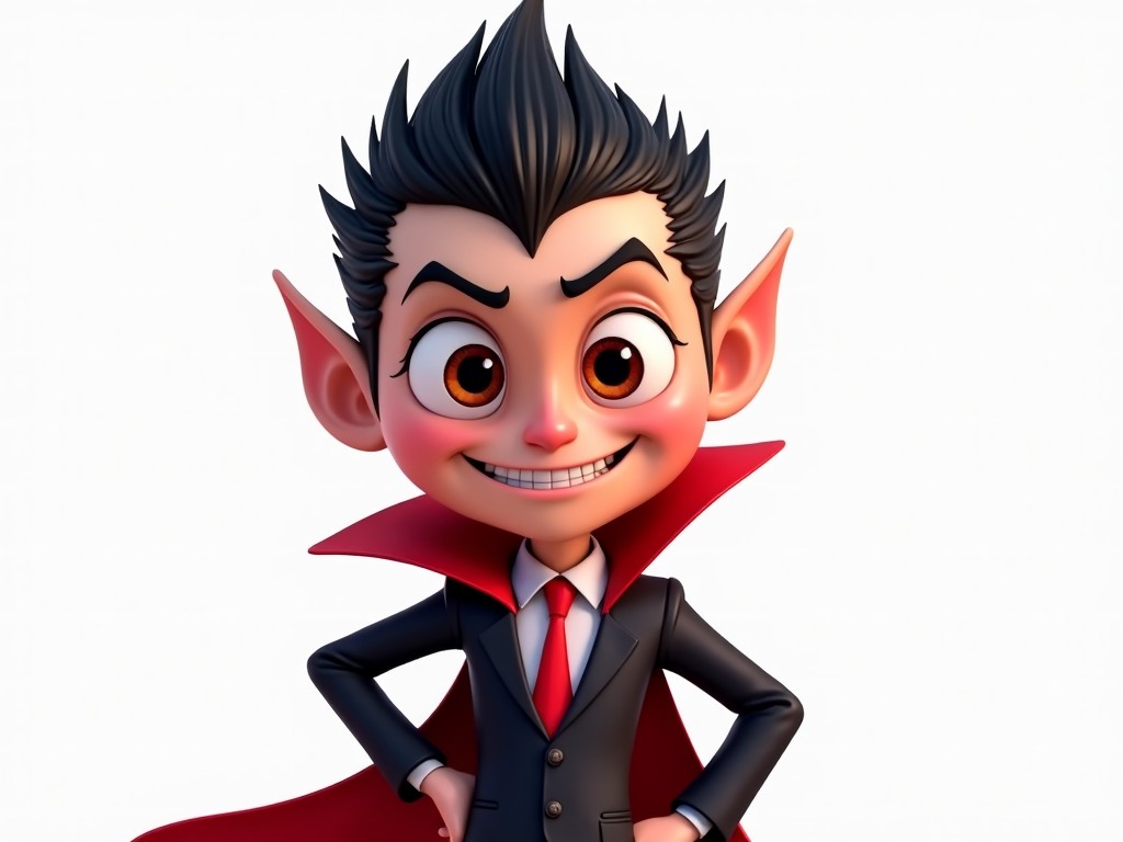 This digital artwork showcases a young vampire with black slicked back hair, dressed in a stylish dark suit with bright red accents. The character's large expressive eyes and a wide, toothy smile give him an exuberant and lively appearance. The use of vibrant colors against a solid white background makes the vampire stand out prominently. This cheerful design is ideal for children's media and Halloween-themed promotions. The character embodies a fun and playful interpretation of a classic vampire.