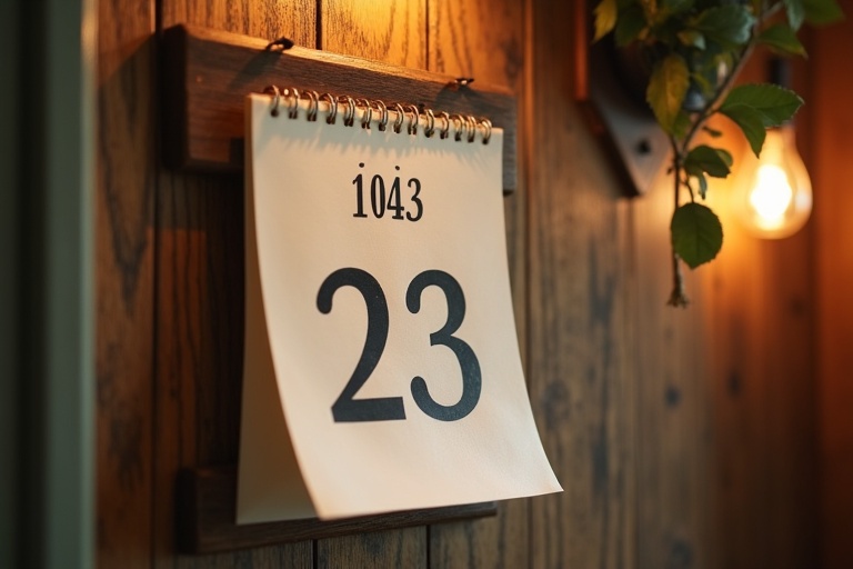 A wall-mounted tear-away calendar. The calendar shows the date 23 and the year 1043. The calendar sits against a wooden wall. There is a soft light nearby, and some greenery beside it. The overall vibe is warm and inviting.