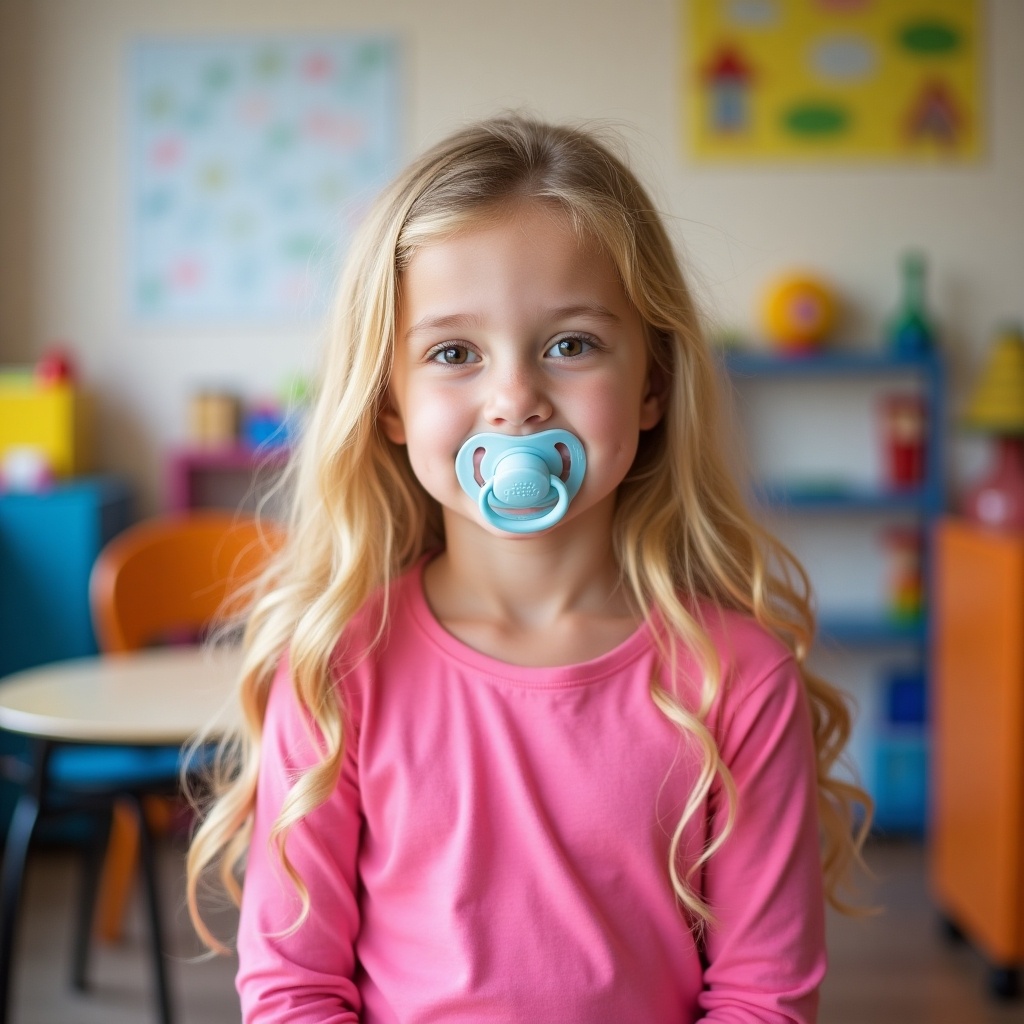 A young girl in a daycare setting. She has long blonde hair and is wearing a pink shirt. A pacifier is in her mouth. She stands looking directly at the camera. The background is colorful with toys and furniture.