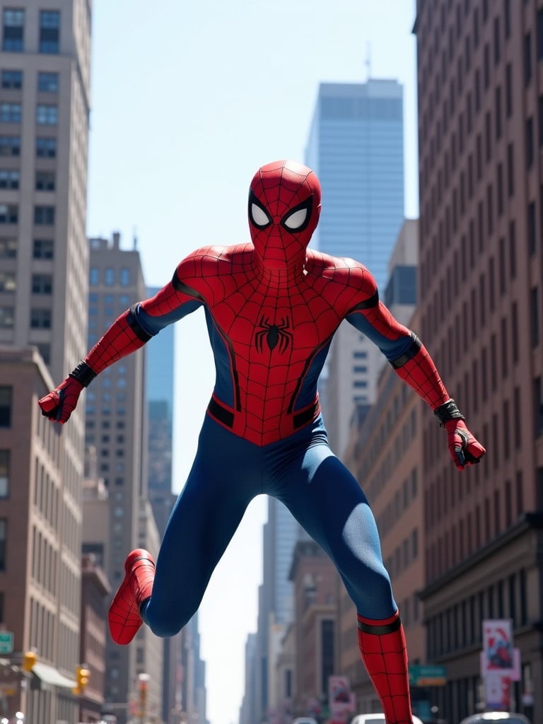 Photo of Spider-Man in action pose with the backdrop of New York City. Bright daylight with tall buildings in the background. Spider-Man wears a red and blue costume. Scene captures dynamic movement in an urban environment. Happy New Year Liam greeting incorporated in the scene.