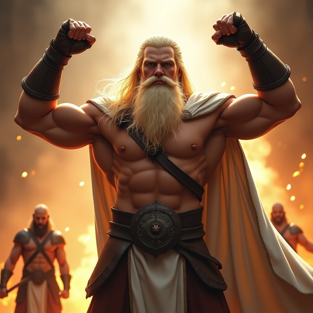 Muscular warrior stands in a powerful pose. Long blond hair and spectacular beard. Dressed in a white cape and brown gauntlets. Raises fists in triumph. Background filled with glowing embers and dramatic lighting. Two other warriors in contrasting stance. Scene evokes epic adventure and strength. Hero embodies fierce fighter in fantasy setting.