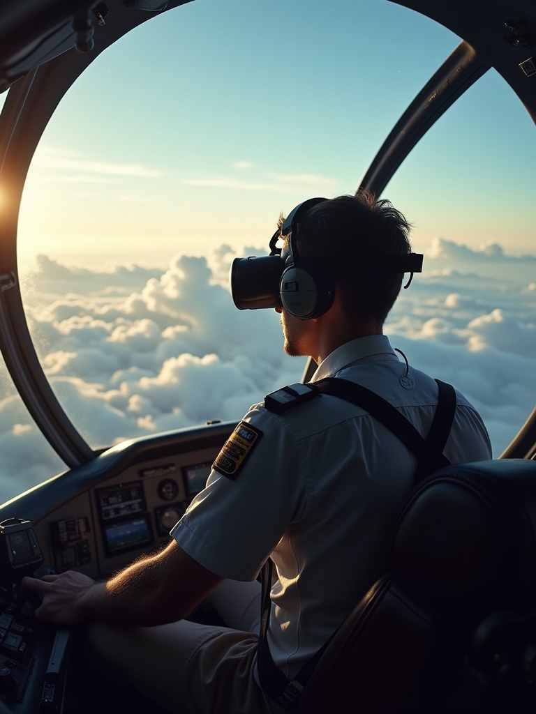 A pilot simulates flight experience wearing VR headset. View shows pilot cockpit and open skies in the background. The scene is cinematic and detailed.