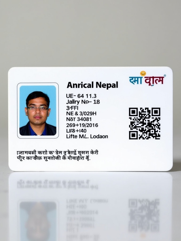 ID card from Nepal with official details. Card displays identification information clearly. Includes a QR code for verification. The card looks professional and suitable for use in official settings.