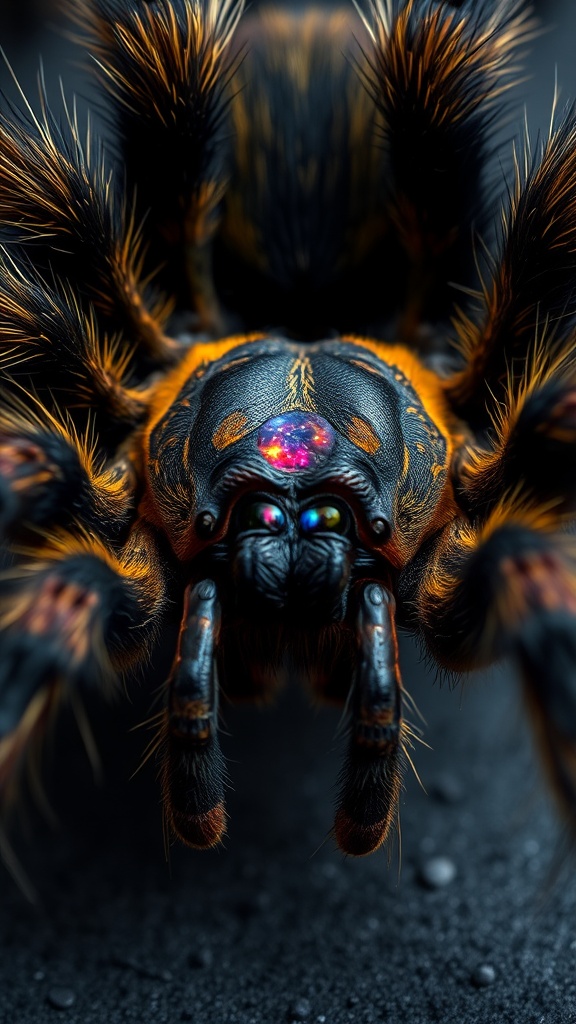 A close-up view of a colorful spider with what appears to be a glowing jewel on its back.