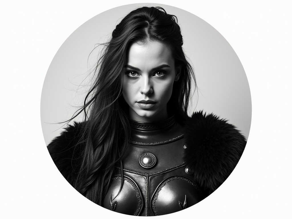 This striking black and white image captures a female warrior in a head-on portrait. Her expression is fierce and determined, wearing elaborate armor with fur accents. Her flowing hair adds a sense of motion against the otherwise composed and symmetrical setting, creating a powerful and impactful visual statement.