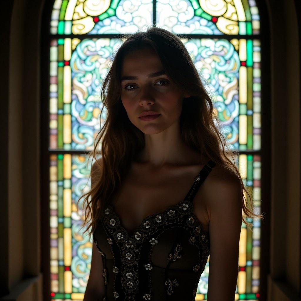 A young woman stands in front of a stained glass window. She has long hair and is wearing a detailed outfit. The scene evokes a serene and mysterious feeling.