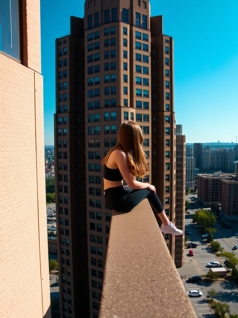 A young woman dressed in athletic attire sits gracefully on the edge of a building rooftop, gazing thoughtfully at a modern cityscape. The downtown skyscrapers provide a striking urban backdrop, while the clear blue sky adds a serene atmosphere. The composition captures a sense of adventure and contemplation, with the viewer naturally drawn to the daring pose of the subject.