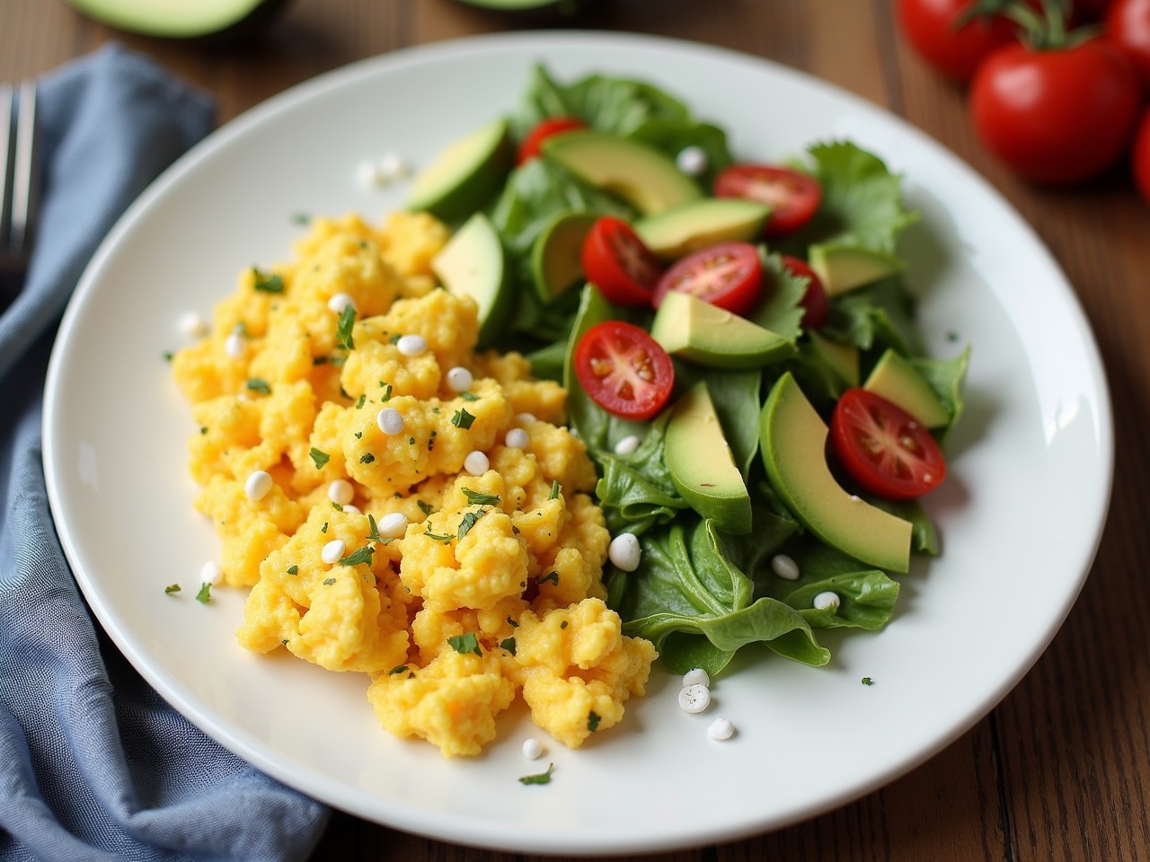 This image showcases a delicious meal consisting of scrambled eggs served alongside a fresh salad. The bright yellow of the scrambled eggs contrasts beautifully with the green of the lettuce and avocado. Sliced cherry tomatoes add a pop of red to the plate. The arrangement on a white plate gives it a clean and inviting look. This healthy breakfast is a perfect combination of proteins and greens, appealing to nutrition-conscious eaters.