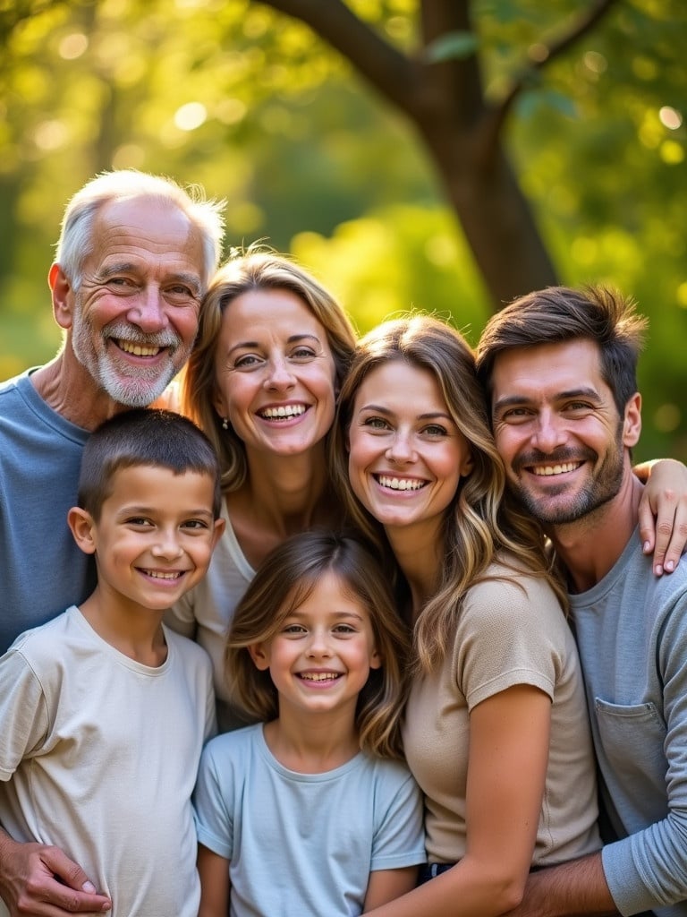 Outdoor family portrait with six individuals. Group includes grandfather grandmother parents and three children. Everyone shares warm smiles. The background shows green trees. Warm sunlight creates a golden hue causing a cheerful environment.