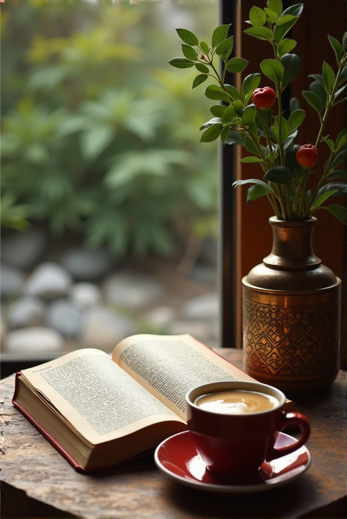 An open book and a cup of coffee sit on a wooden table near a window, with potted plants and a blurred garden view outside.