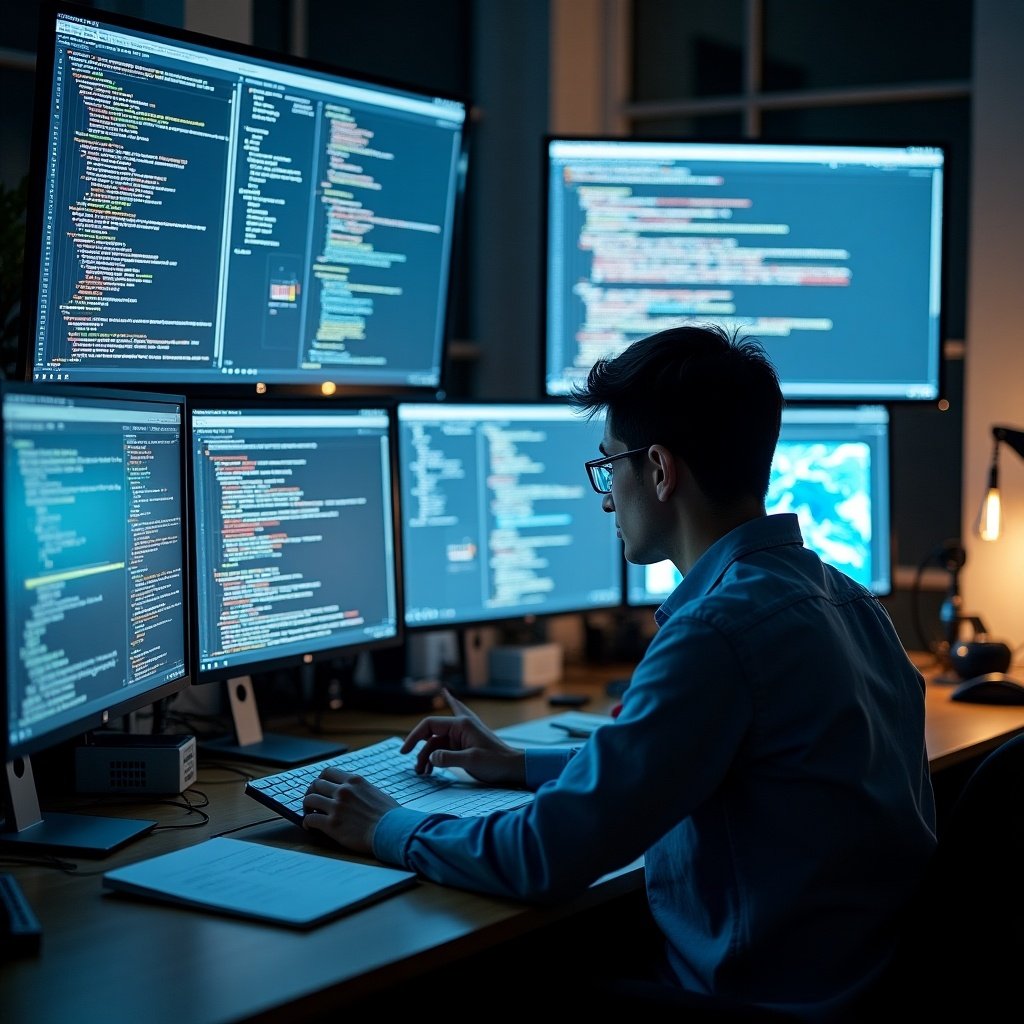 Engineer working in a modern office environment surrounded by multiple computer screens displaying code. The engineer, in a blue shirt, is focused on typing. The workspace features a warm light and a tech-oriented atmosphere.