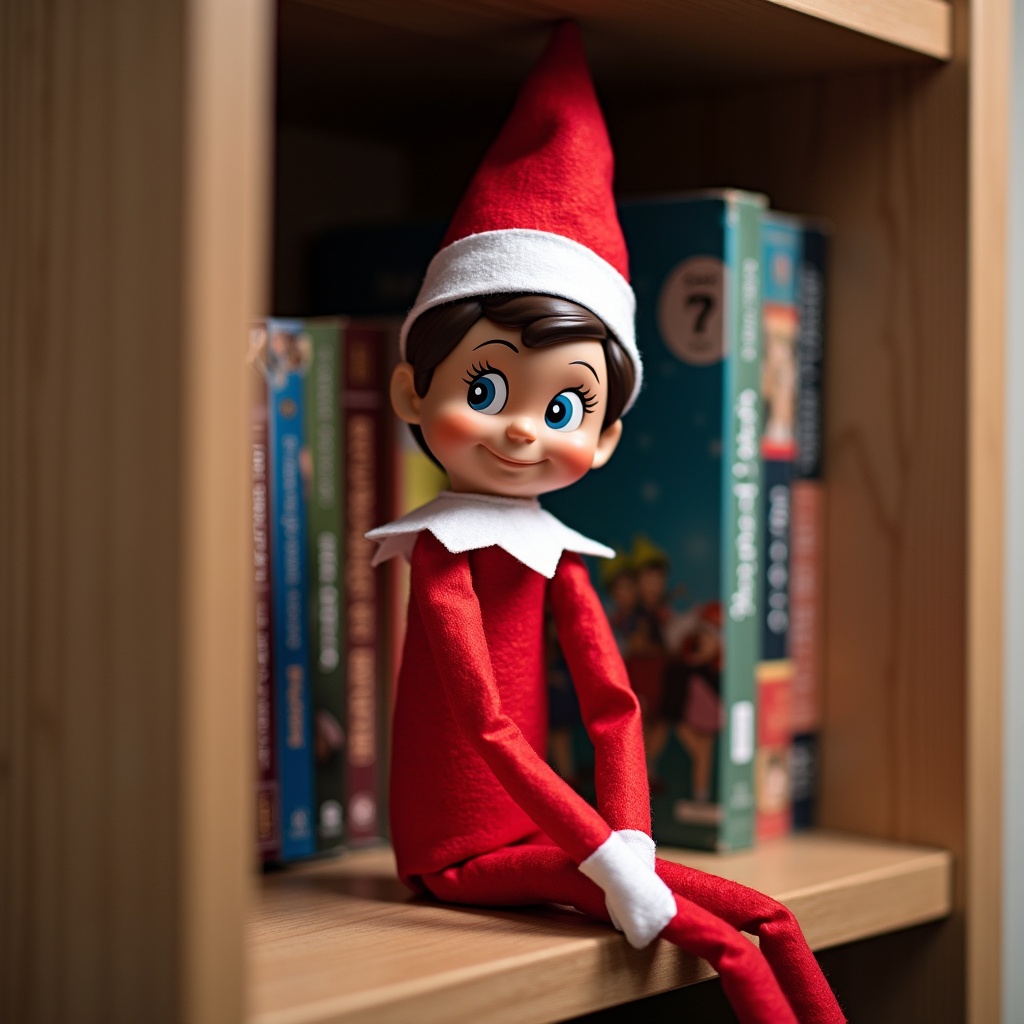 The image features a charming elf doll sitting on a wooden shelf surrounded by colorful books. The elf is dressed in a vibrant red suit with a white collar and hat, exuding a playful demeanor. Its big eyes and cheerful smile create a whimsical atmosphere. The background includes a mix of DVDs and books, enhancing the cozy setting. This scene captures the essence of the Elf on the Shelf holiday tradition, inviting viewers into a festive spirit.