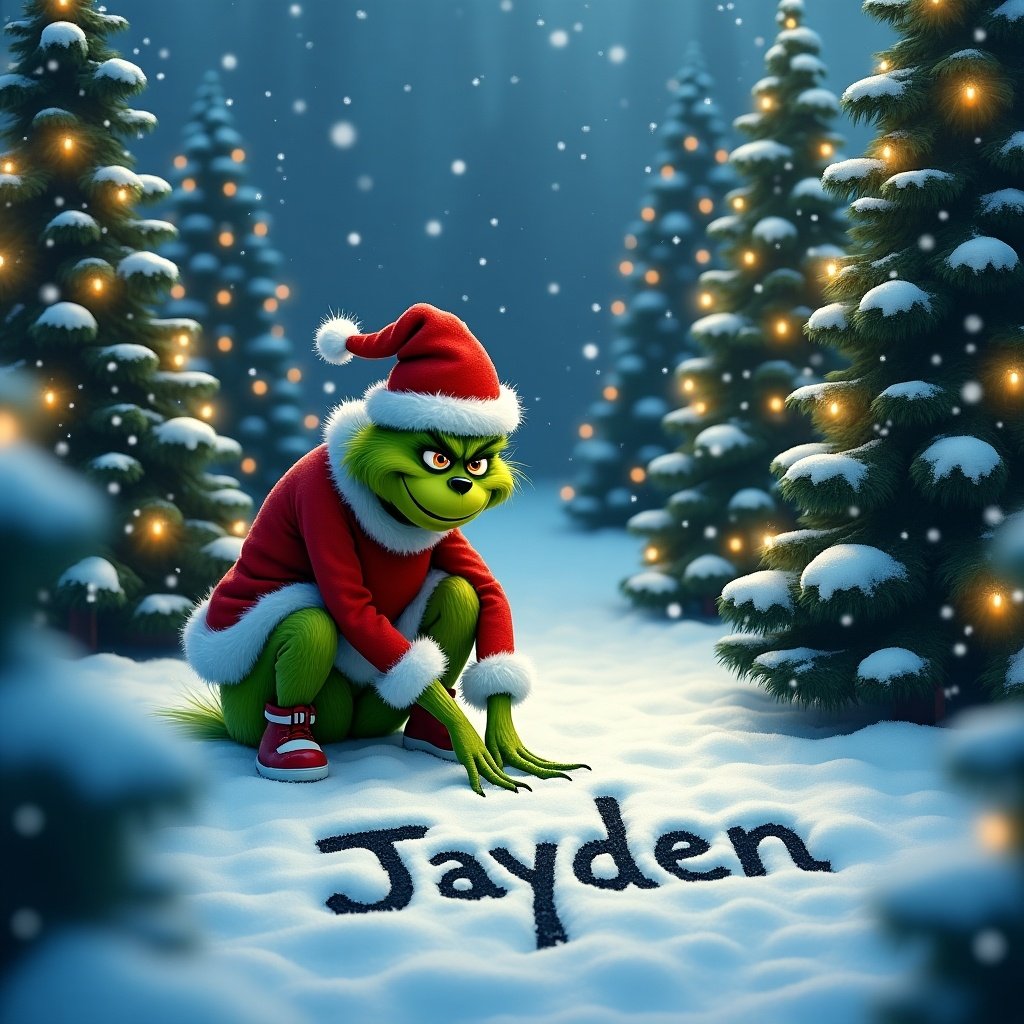 The Grinch is outside in a snowy landscape. Christmas trees surround him, adorned with lights. He is writing the name Jayden in the snow.