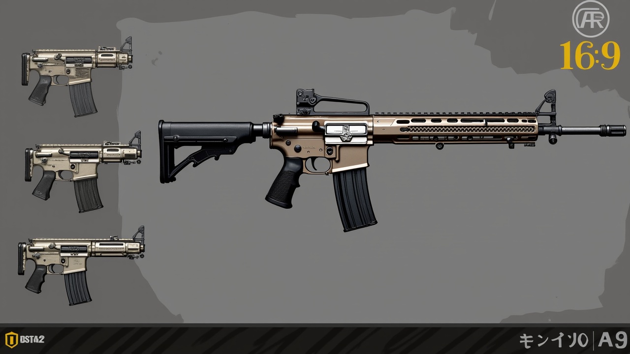 This image features a detailed illustration of a modern assault rifle. The main focus is a central rifle shown in profile, designed with a sleek, tactical look. Surrounding it are smaller images showing different angles or customizations of the weapon. The predominant colors are metallic shades and black accents, showcasing a realistic style. The image might be used in video game design or merchandise featuring military themes.