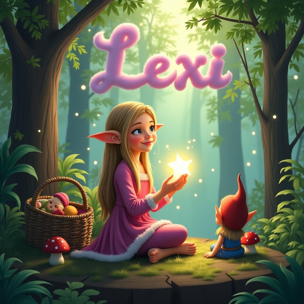 In a magical forest, a young elf sits holding a glowing star. She wears a festive pink outfit. Tall trees surround the lush greenery with soft light filtering through leaves. Lexi's name is written in whimsical cloud-like letters in the sky. Small elements like a cozy basket and a gnome are present.