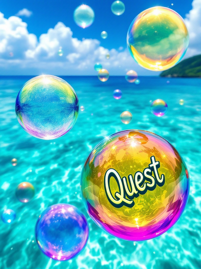 Colorful bubbles float above the Caribbean Sea. One bubble has the word Quest inside it. Bubbles vary in size and color. They reflect sunlight with vibrant appearance. The backdrop is serene turquoise waters.