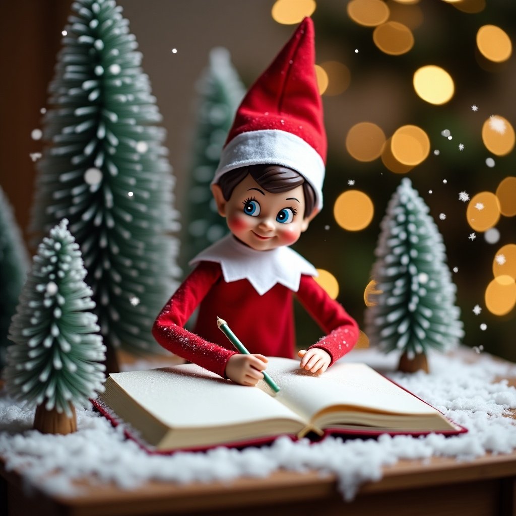 Elf on the Shelf writes in a large book. Small evergreen trees around covered with snow. Twinkling lights create a magical winter background. Elf wears classic red and white outfit, having rosy cheeks. Snowflakes fall gently.