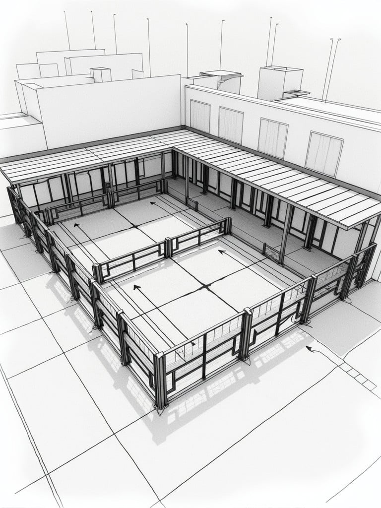 A detailed shop drawing for a standard pickleball court. Features metal roofing and steel structural support. Includes all dimensions, particularly the sizes and connections of steel structures. Uses the metric system.