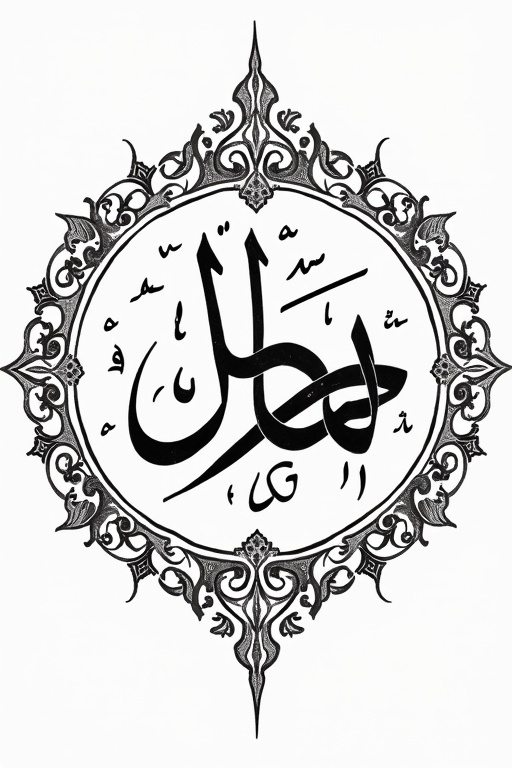 Handwritten Arabic calligraphy showcasing the name الضرر. Written in a symmetrical circular shape. Design occupies the entire area with intricate details.