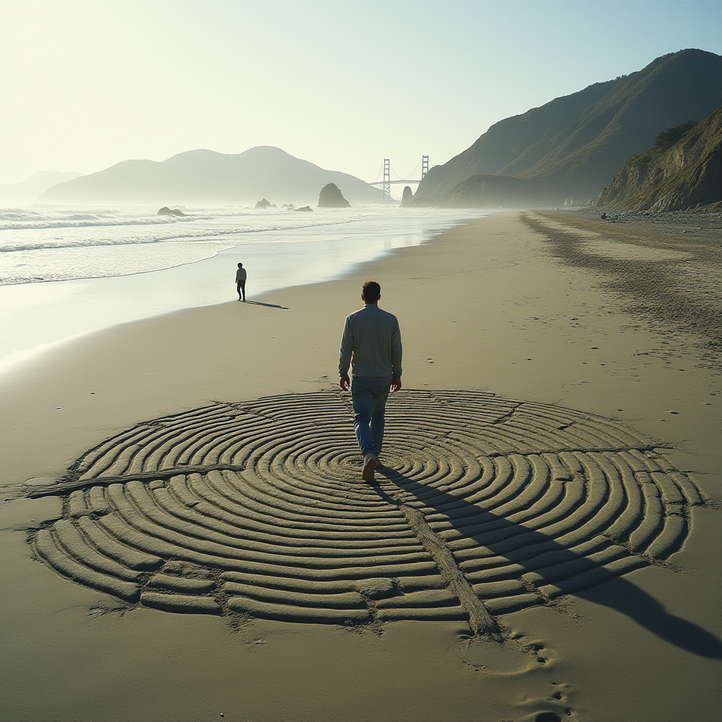 A person walks on a beach with intricate spiral patterns in the sand, set against a scenic backdrop with distant mountains and a bridge visible.