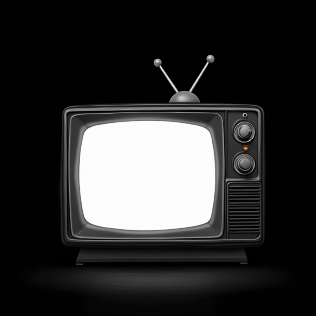 A vintage black-and-white television set with prominent knobs and an antenna against a dark background.