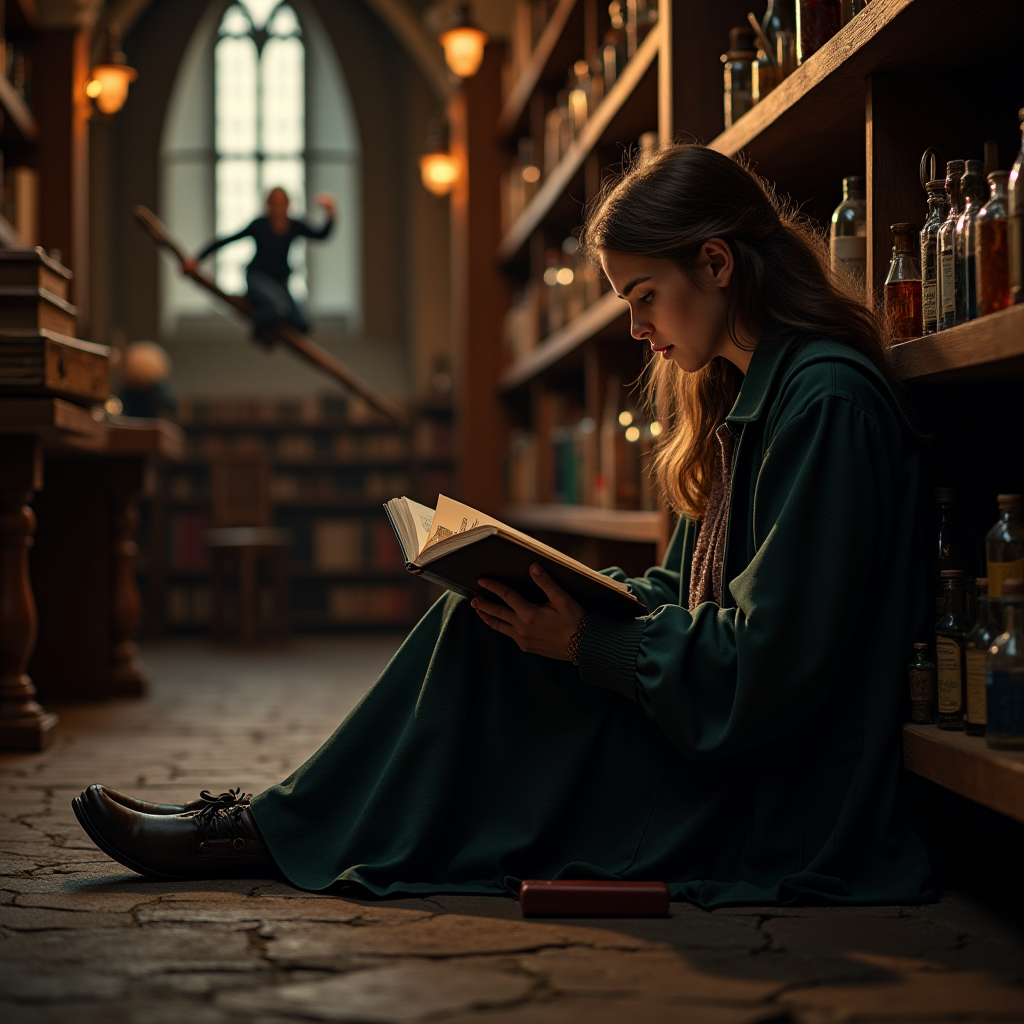 A woman in historical attire reads a book in an enchanted library while a shadowy figure rides a broomstick in the background.