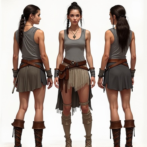 Character turnaround sheet shows warrior with Patagonian features. Displays front side and back views. The character wears a fitted tank top and layered skirts. Accessories include a belt and boots. Designed for fantasy settings.