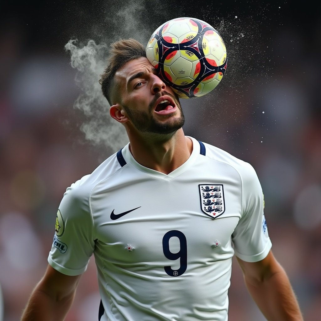 English football player getting hit in the head with a football. Funny scene with spit flying from his mouth.