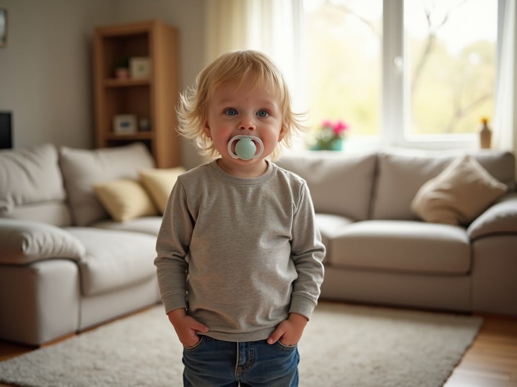 The image features a blonde boy about 7 years old standing in a cozy living room. He is holding a pacifier in his mouth, giving a childlike charm. The room is well-lit with soft natural light coming through the window. In the background, there’s a comfortable sofa and some decorative items on shelves. The boy has a playful stance with his hands in his pockets, and he is looking straight ahead, creating a candid moment.